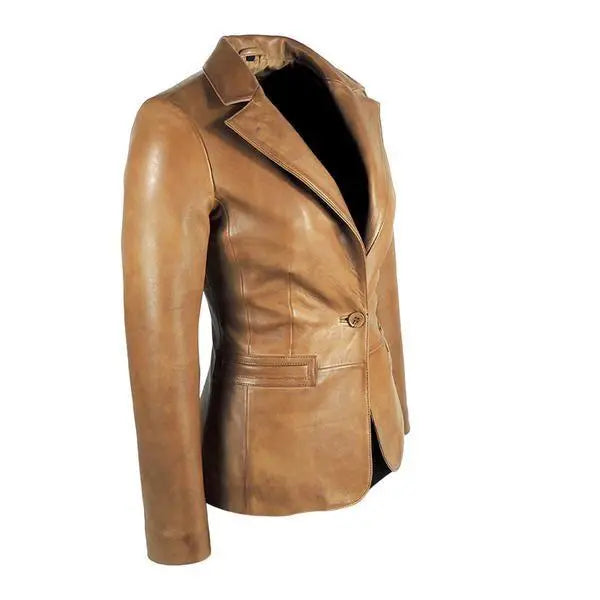 Womens Tapered Tan Leather Blazer Awesome Lambskin - GLR SHOPPING