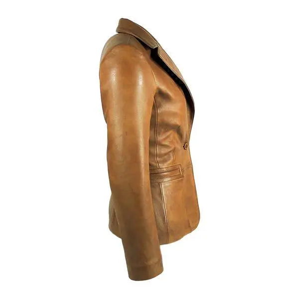 Womens Tapered Tan Leather Blazer Awesome Lambskin - GLR SHOPPING