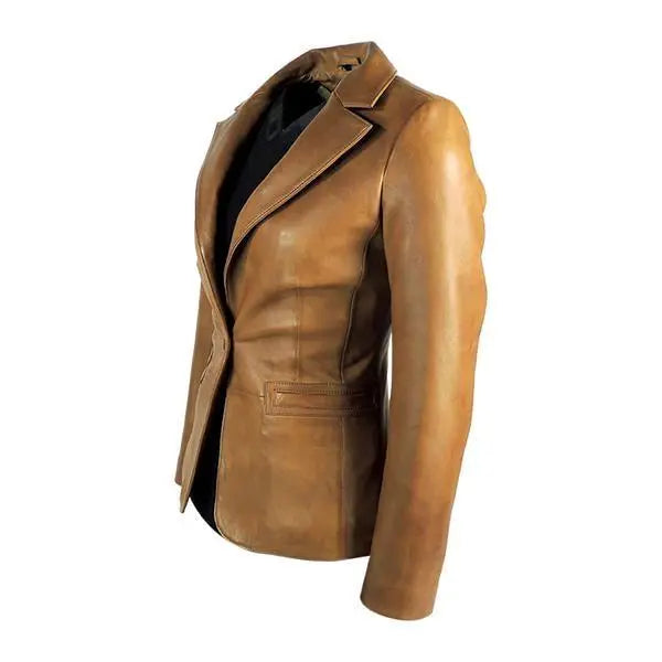 Womens Tapered Tan Leather Blazer Awesome Lambskin - GLR SHOPPING