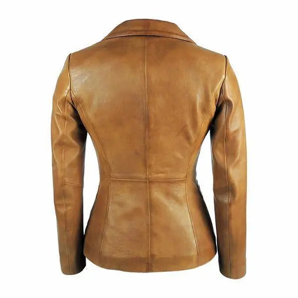Womens Tapered Tan Leather Blazer Awesome Lambskin - GLR SHOPPING