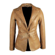 Womens Tapered Tan Leather Blazer Awesome Lambskin - GLR SHOPPING