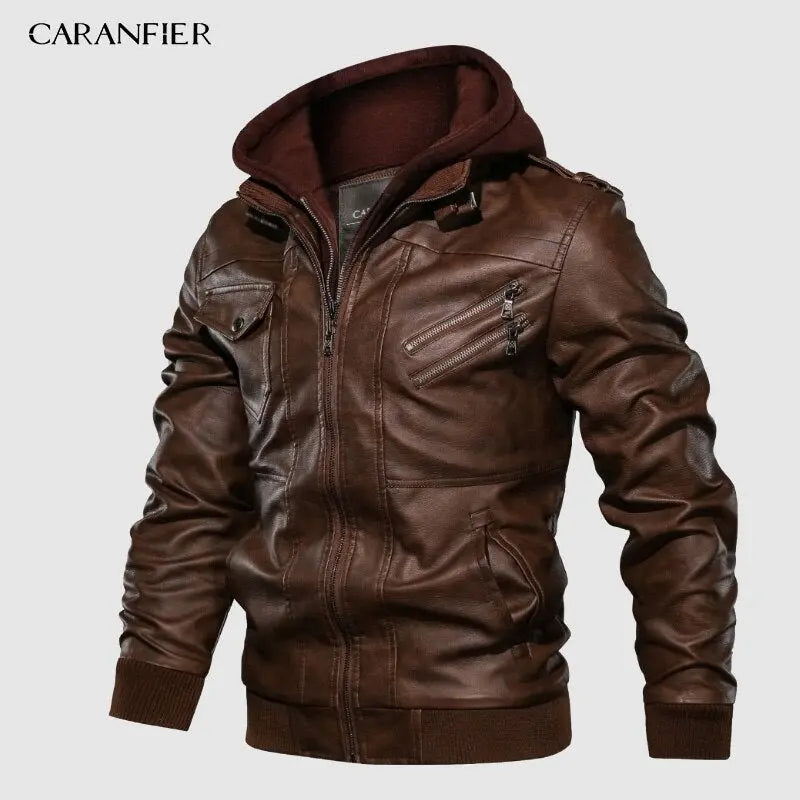 CARANFIER Mens PU Hooded Jackets Coats Motorcycle Biker Faux Leather Jacket Men Classic Winter Jackets Clothes  European Size - GLR SHOPPING