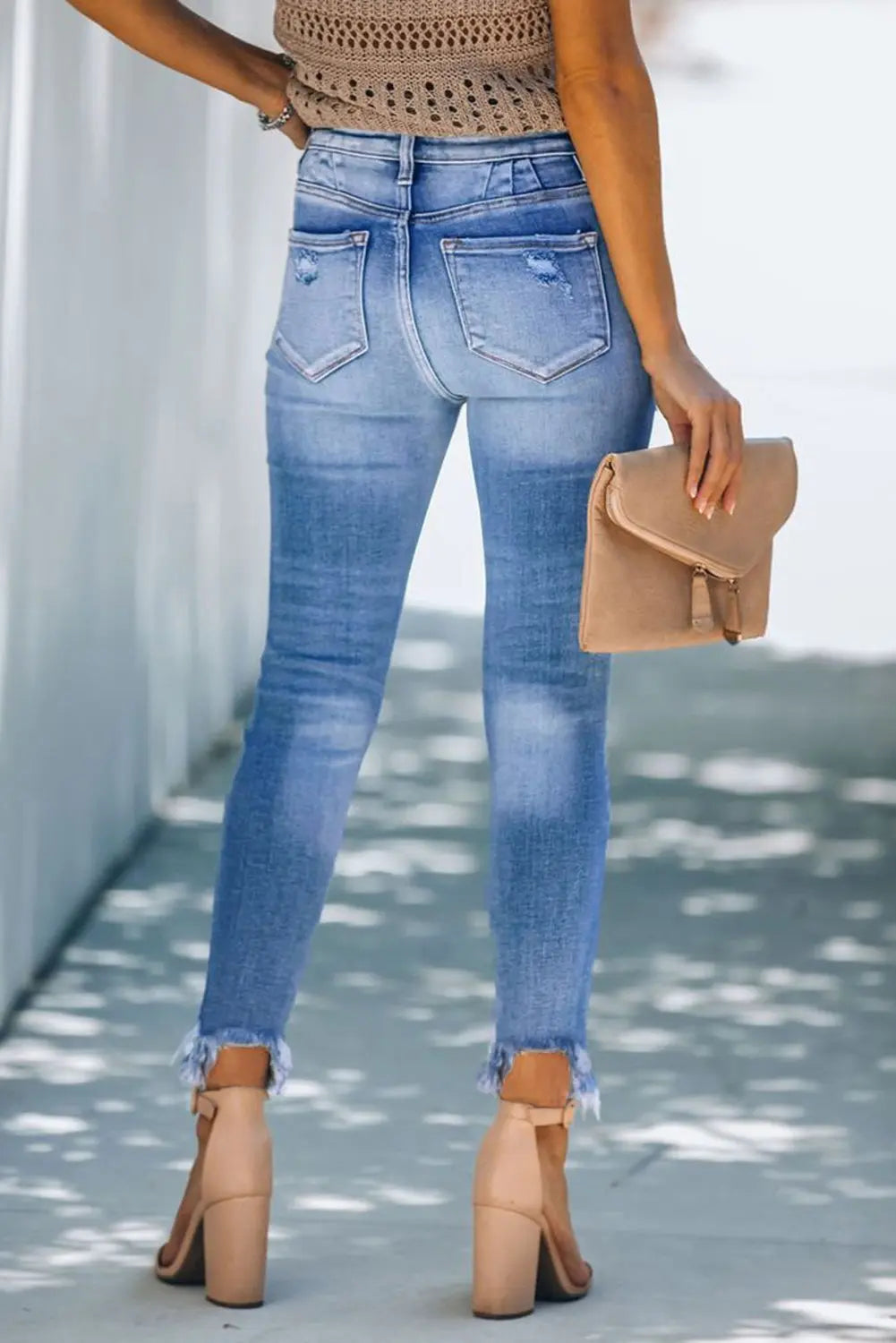 Fashion Blue High Rise Button Front Frayed Ankle Skinny Jeans - GLR SHOPPING