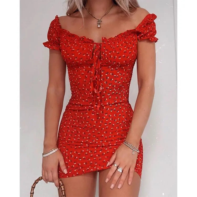 Women Floral Wrap Off Shoulder Dress Tie Up Front Ruffle Mini Dress Summer - GLR SHOPPING