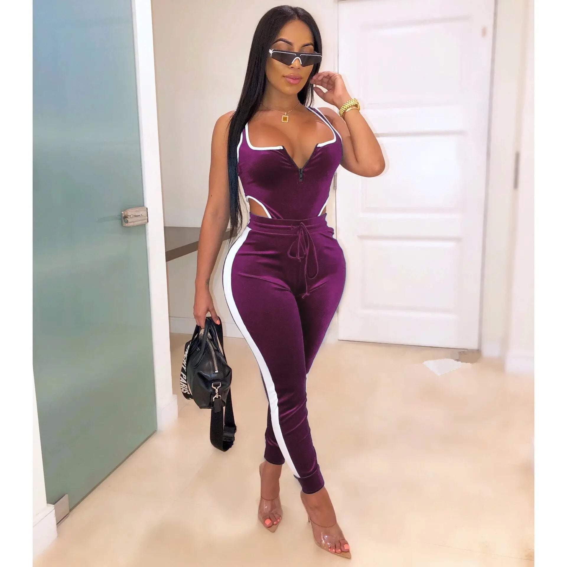Velvet Bodysuit Pencil Pants Set - GLR SHOPPING