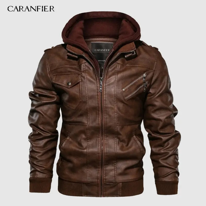 CARANFIER Mens PU Hooded Jackets Coats Motorcycle Biker Faux Leather Jacket Men Classic Winter Jackets Clothes  European Size - GLR SHOPPING