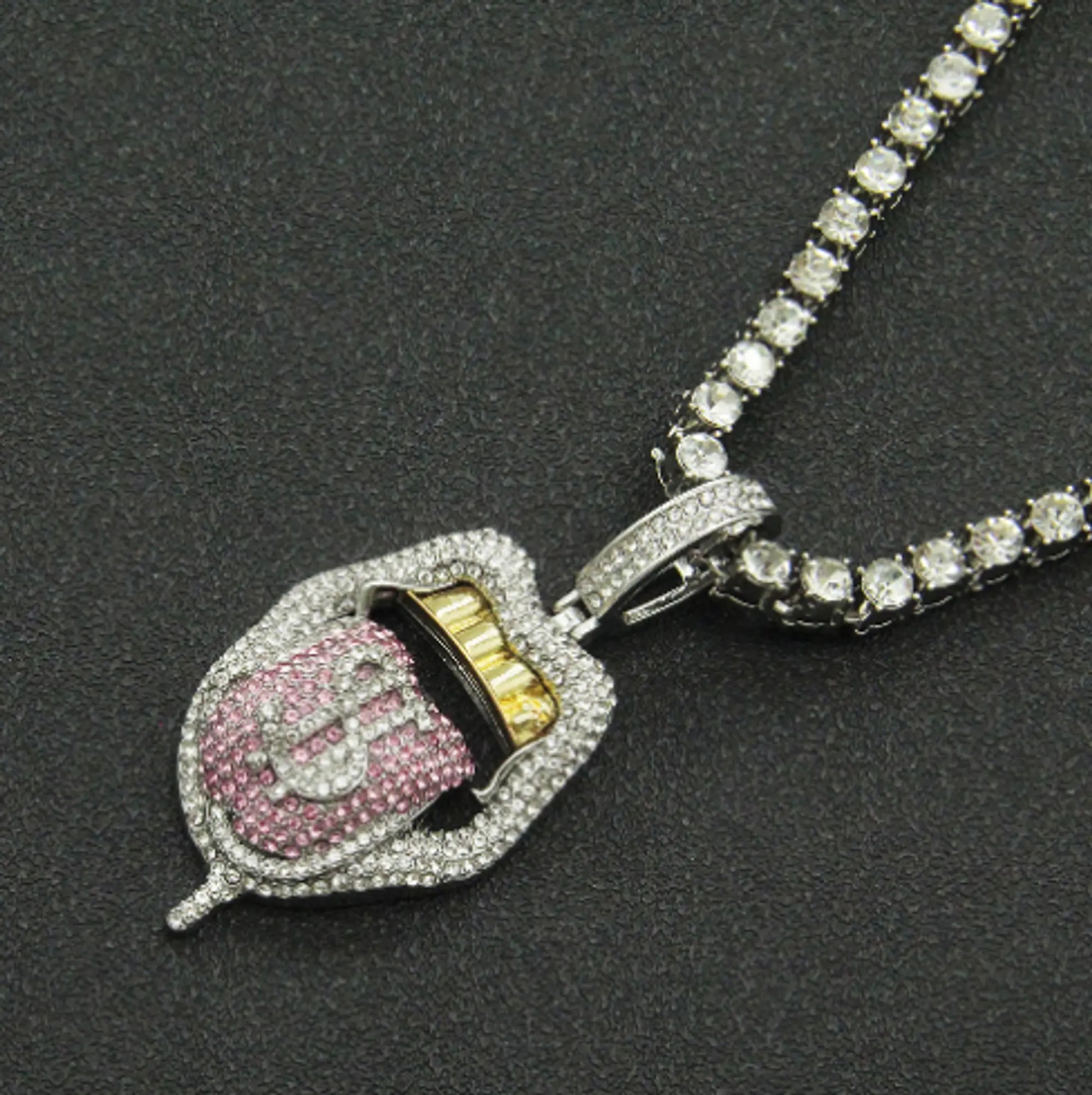Dollar Tongue Shape Pendant with Pink Crystal Cuban Chain - GLR SHOPPING