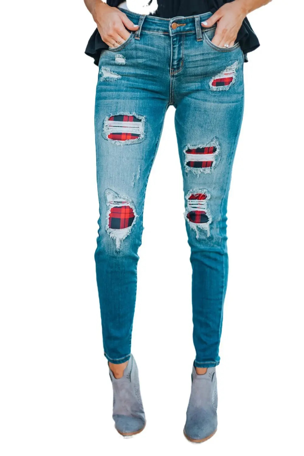 Women's Fashion Red Plaid Patch Destroyed Skinny Jeans - GLR SHOPPING