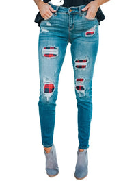 Women's Fashion Red Plaid Patch Destroyed Skinny Jeans - GLR SHOPPING