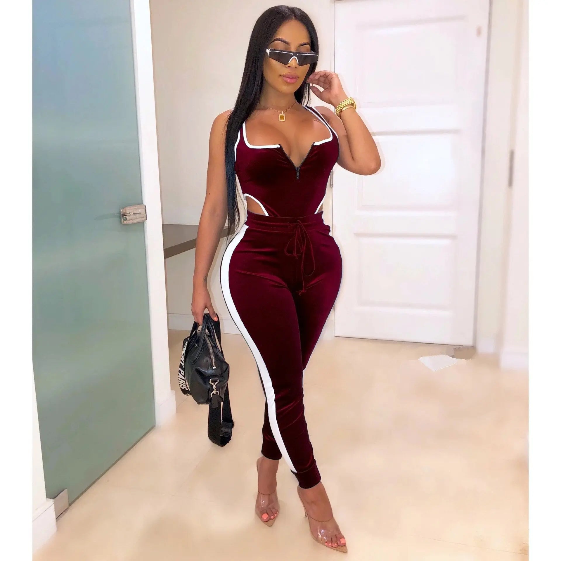 Velvet Bodysuit Pencil Pants Set - GLR SHOPPING
