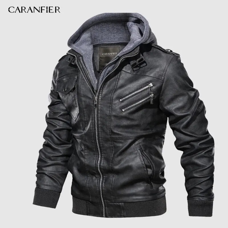 CARANFIER Mens PU Hooded Jackets Coats Motorcycle Biker Faux Leather Jacket Men Classic Winter Jackets Clothes  European Size - GLR SHOPPING