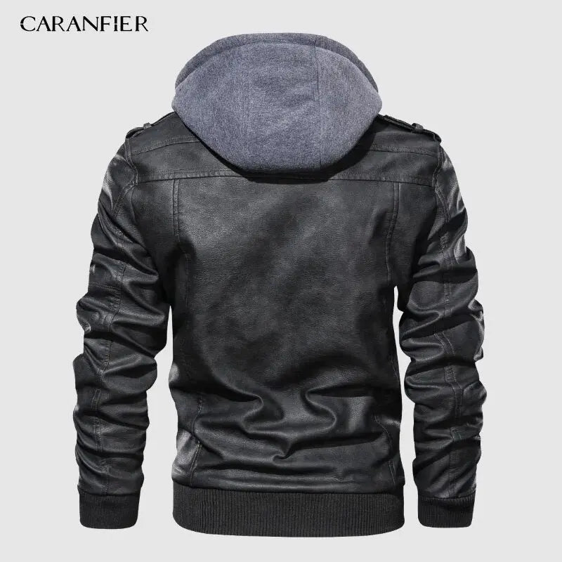 CARANFIER Mens PU Hooded Jackets Coats Motorcycle Biker Faux Leather Jacket Men Classic Winter Jackets Clothes  European Size - GLR SHOPPING