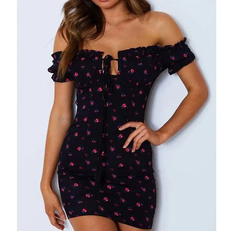 Women Floral Wrap Off Shoulder Dress Tie Up Front Ruffle Mini Dress Summer - GLR SHOPPING