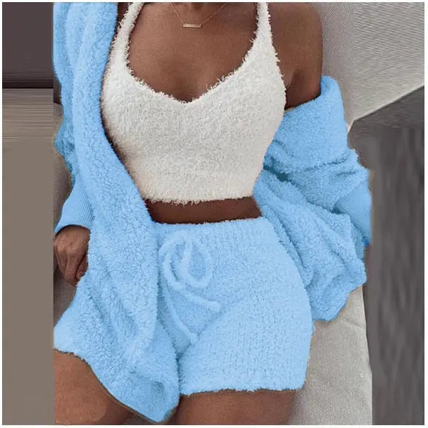 Fluffy Three Piece Set Lounge Sexy Outfits - GLR SHOPPING