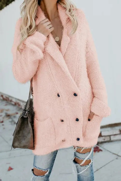 Cute Winter Pink Warm Fuzzy Double Breasted Pocketed Cardigan - GLR SHOPPING