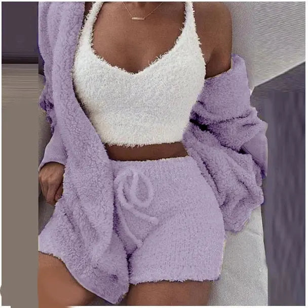 Fluffy Three Piece Set Lounge Sexy Outfits - GLR SHOPPING