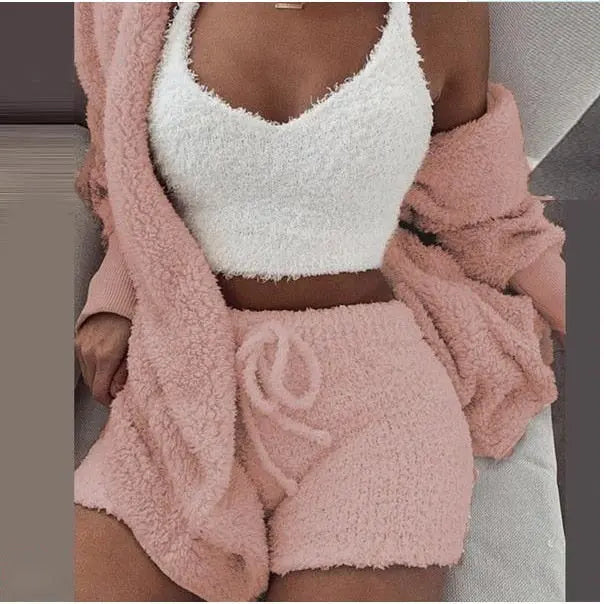 Fluffy Three Piece Set Lounge Sexy Outfits - GLR SHOPPING