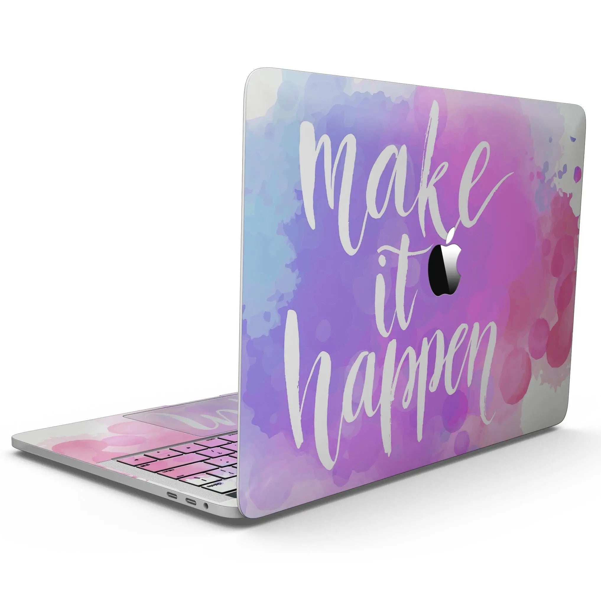 a laptop computer with the words make it happen on it