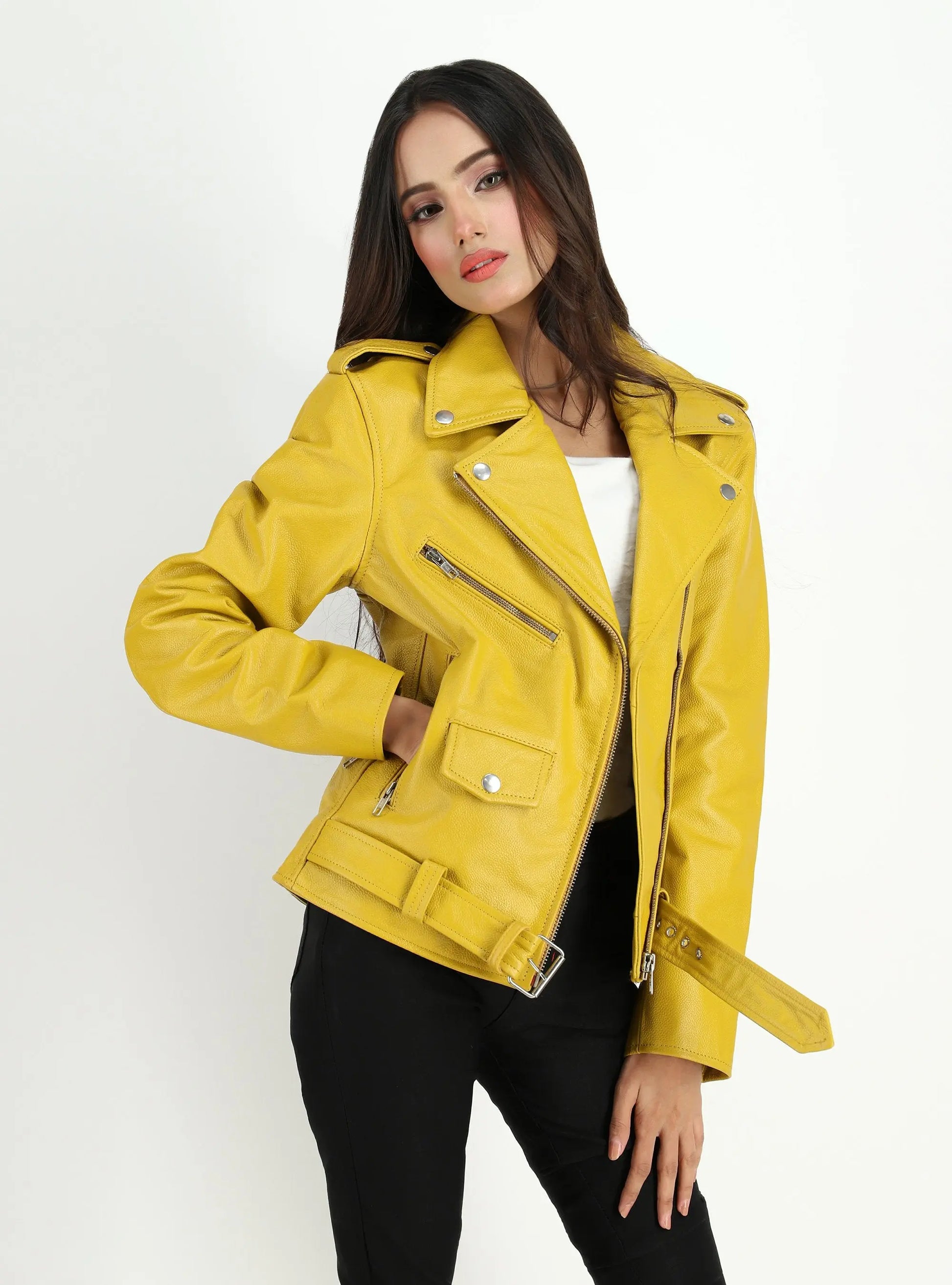 Women's  Moto Style Cowhide Yellow Leather Jacket - GLR SHOPPING