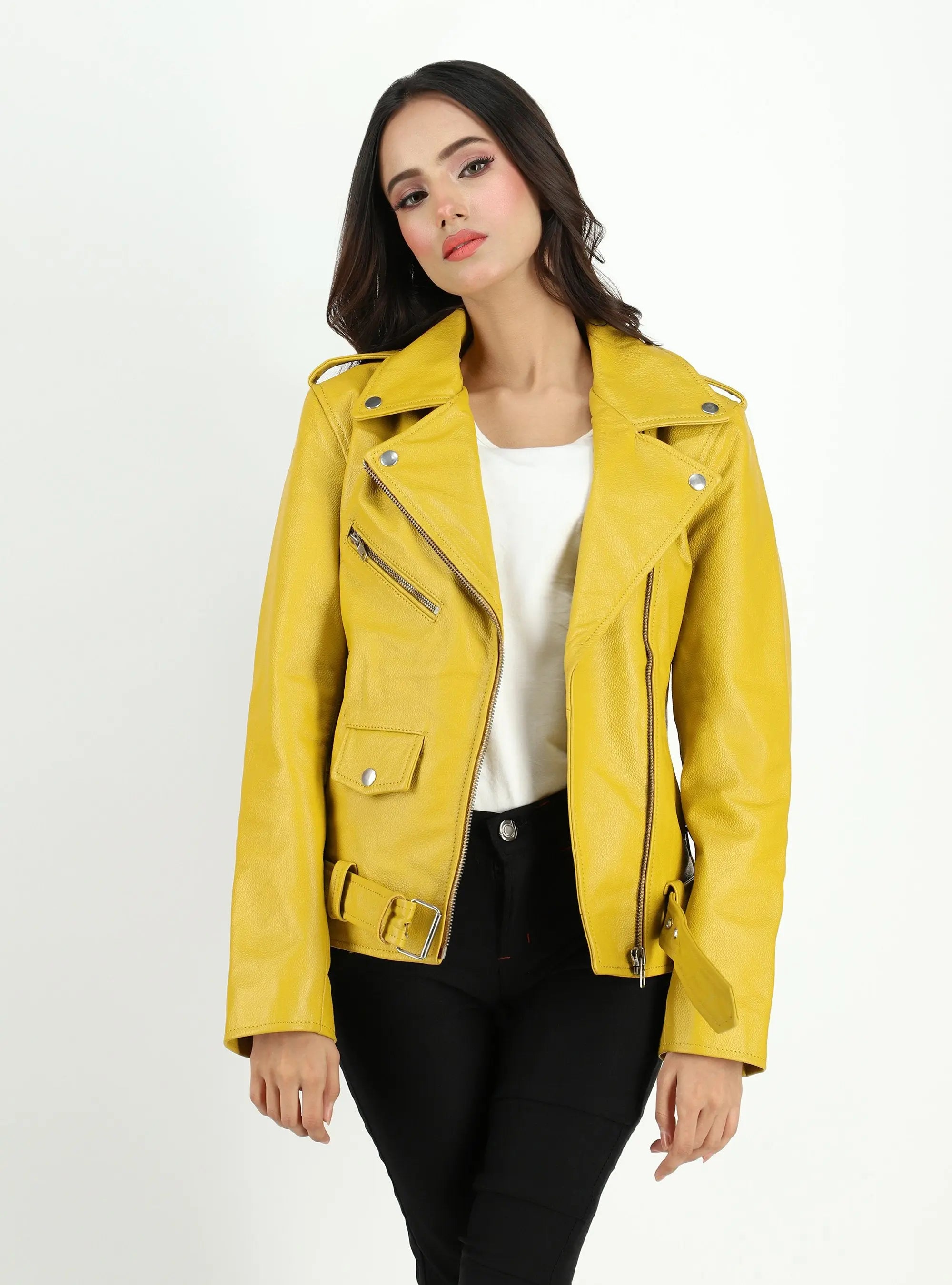 Women's  Moto Style Cowhide Yellow Leather Jacket - GLR SHOPPING