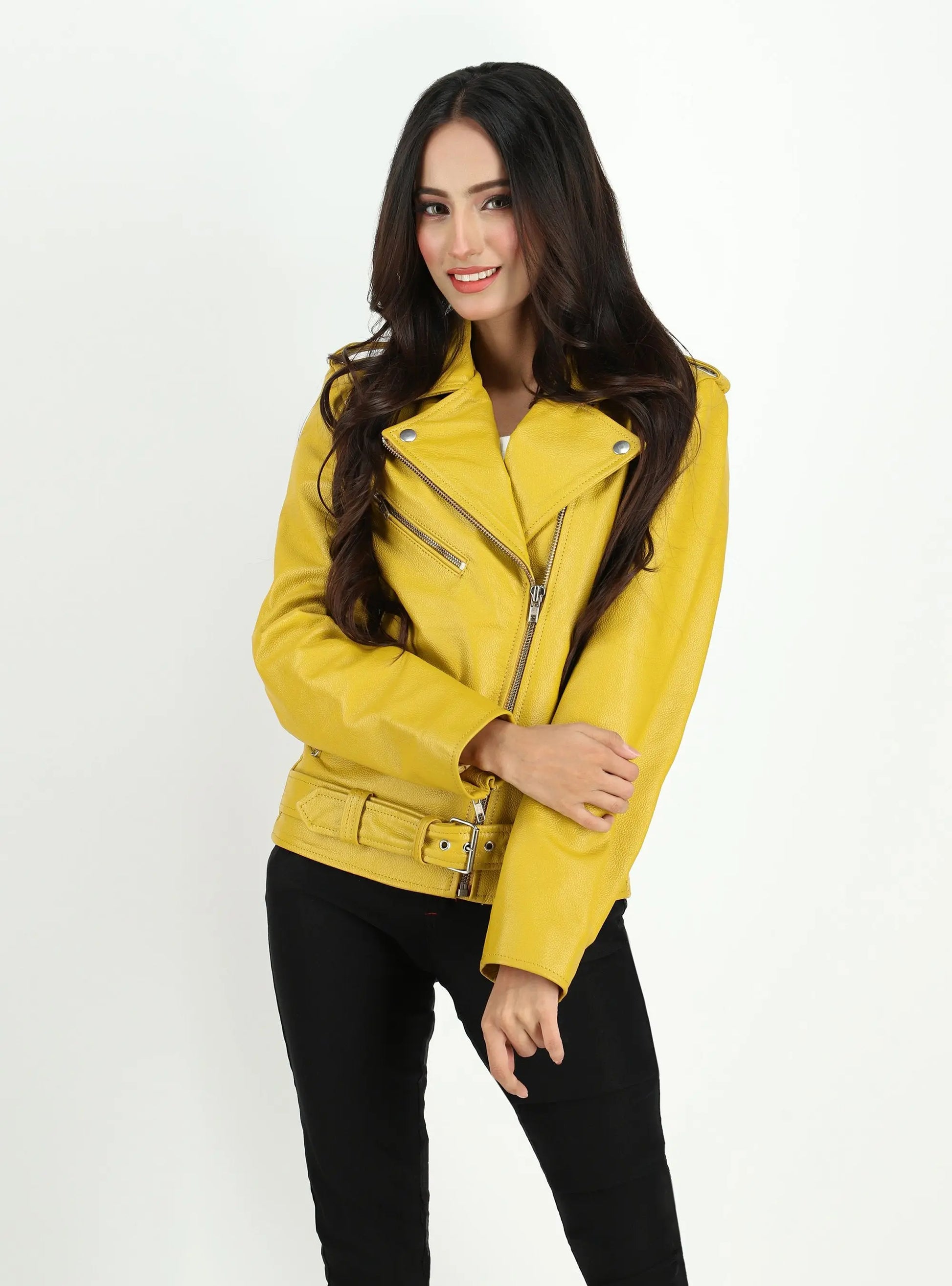 Women's  Moto Style Cowhide Yellow Leather Jacket - GLR SHOPPING