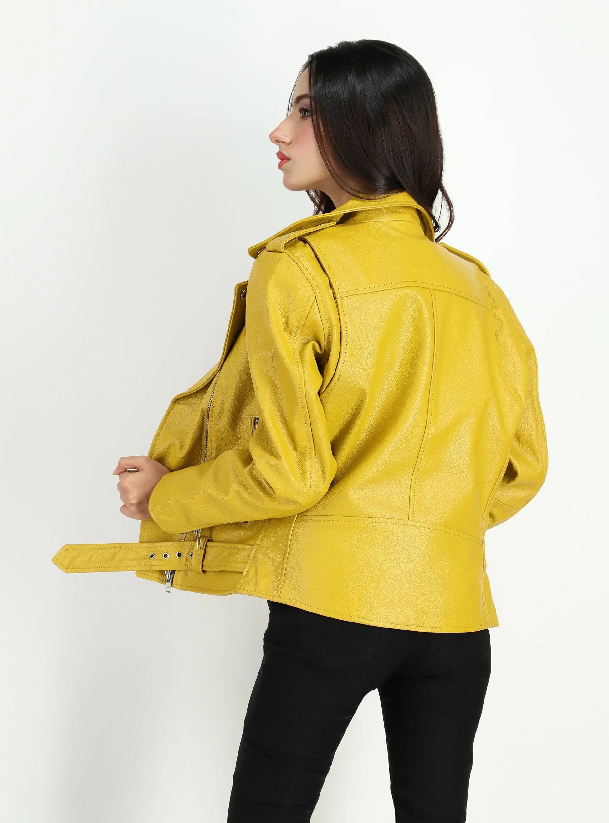 Women's  Moto Style Cowhide Yellow Leather Jacket - GLR SHOPPING