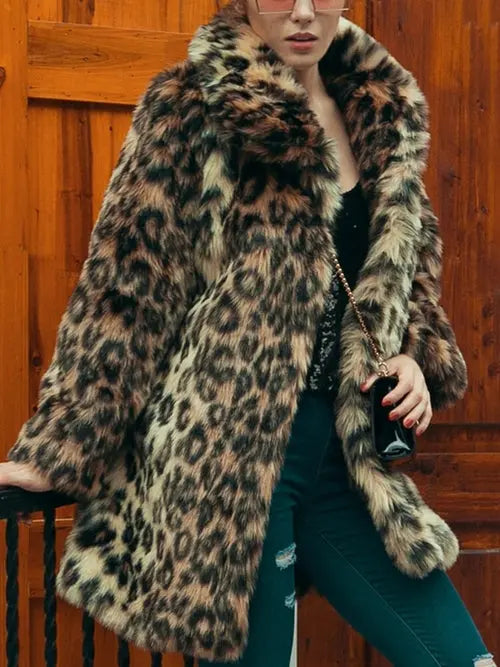 Leopard Print Faux Fur Coat Women 2022 Winter Long Sleeve Turn-down - GLR SHOPPING