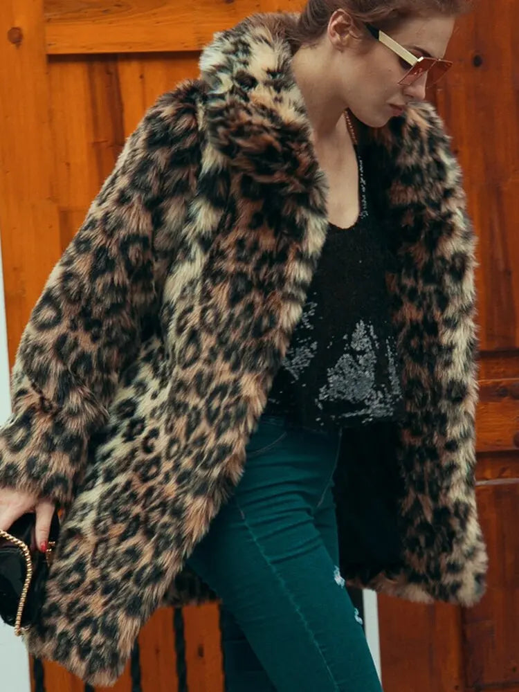 Leopard Print Faux Fur Coat Women 2022 Winter Long Sleeve Turn-down - GLR SHOPPING