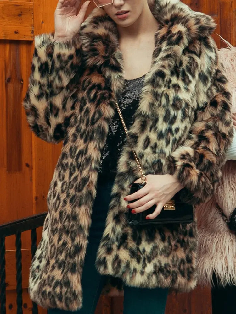 Leopard Print Faux Fur Coat Women 2022 Winter Long Sleeve Turn-down - GLR SHOPPING