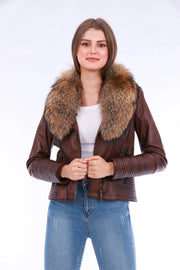 Ravenna Leather Biker Jacket - Brown - GLR SHOPPING