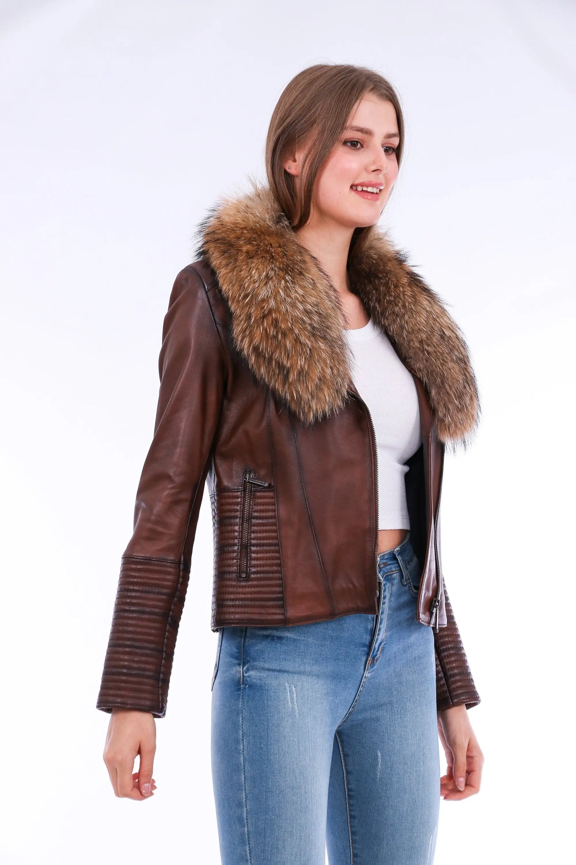 Ravenna Leather Biker Jacket - Brown - GLR SHOPPING