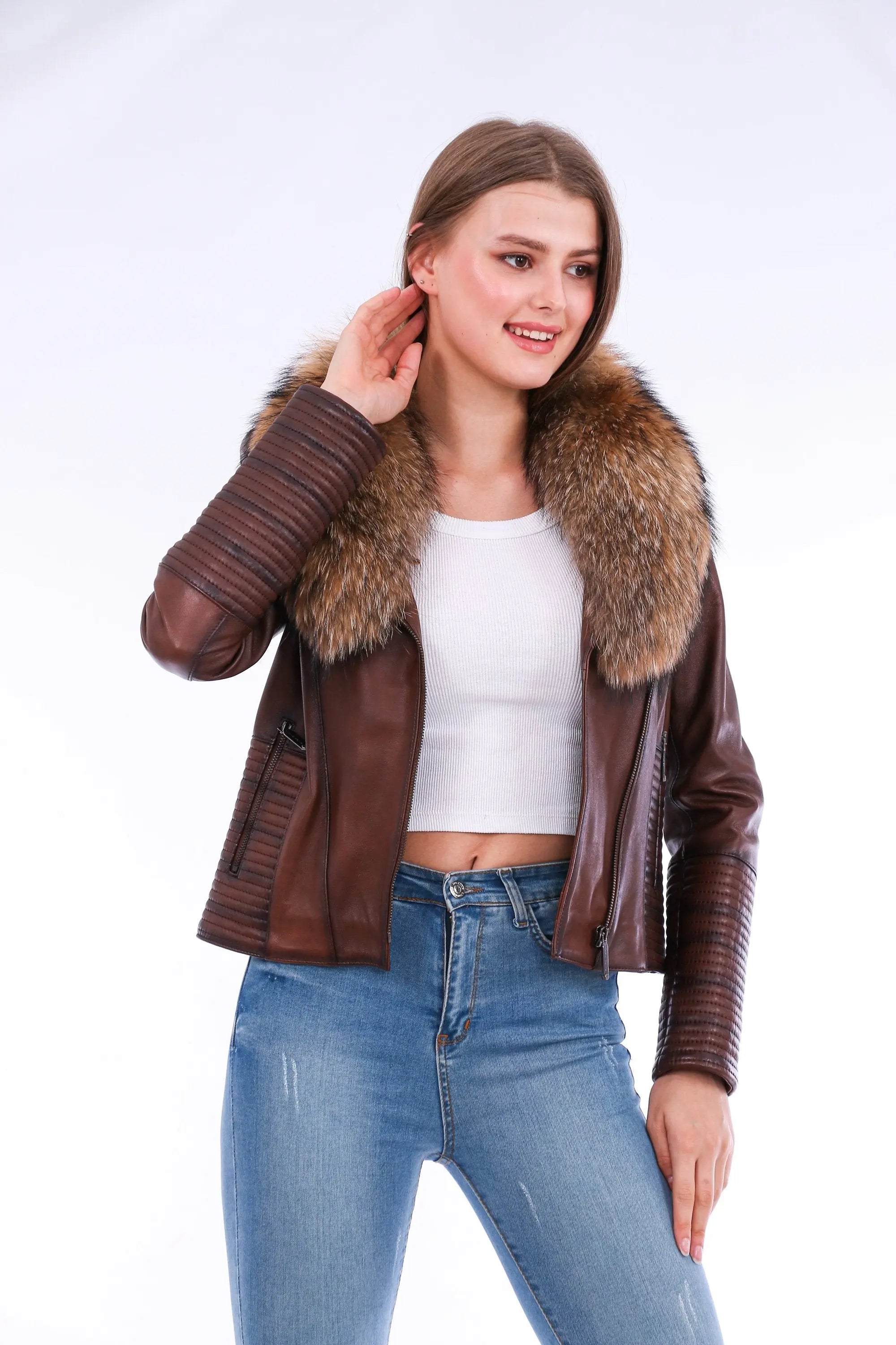 Ravenna Leather Biker Jacket - Brown - GLR SHOPPING