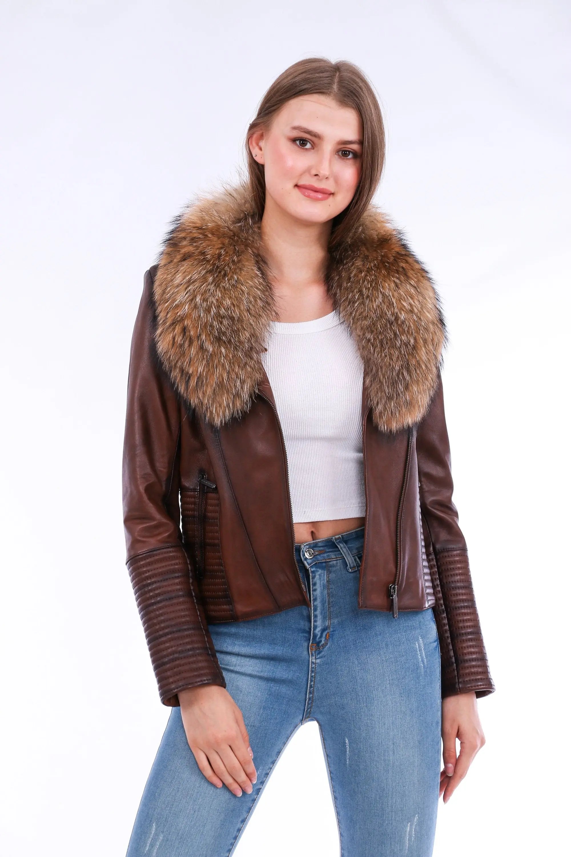 Ravenna Leather Biker Jacket - Brown - GLR SHOPPING