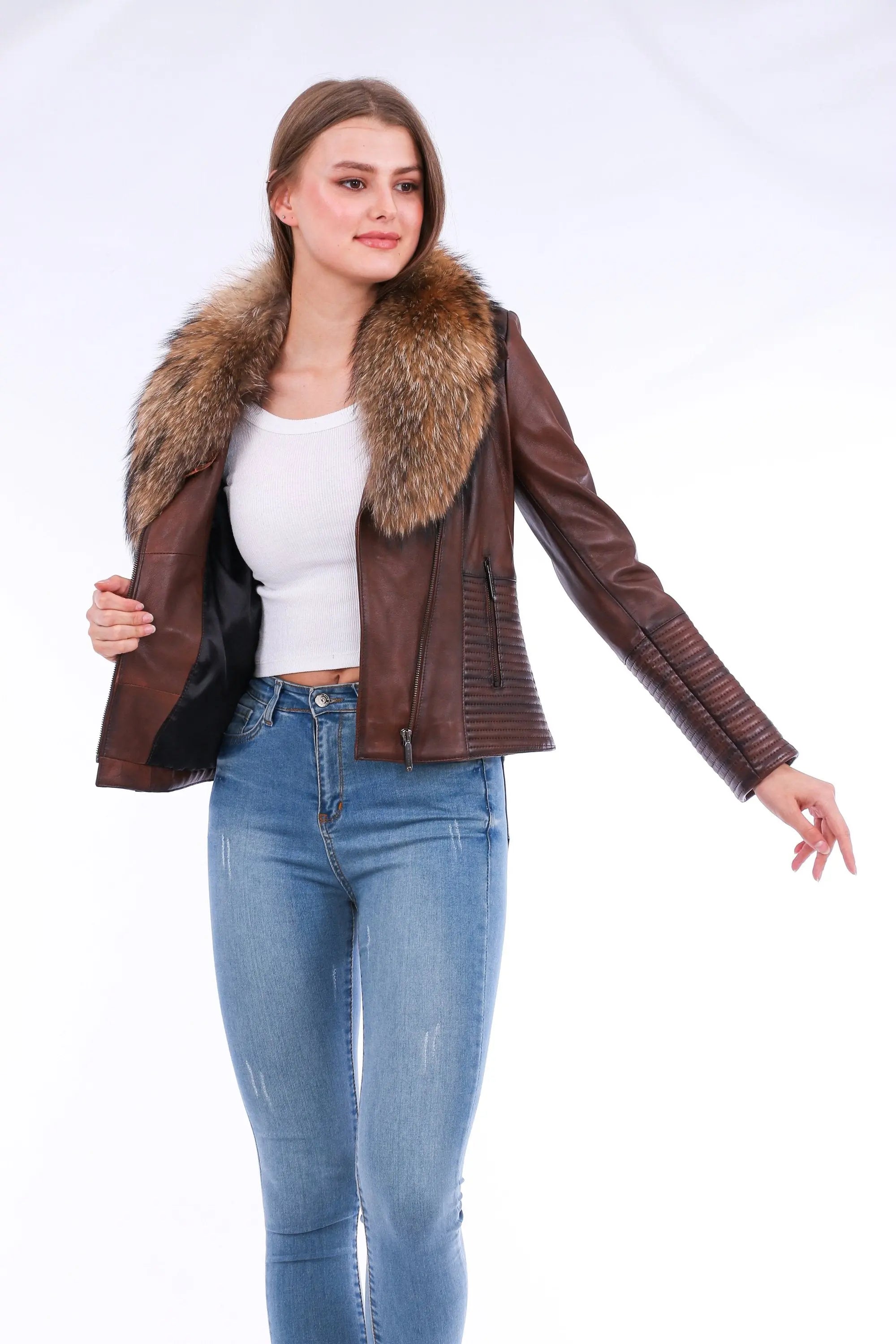 Ravenna Leather Biker Jacket - Brown - GLR SHOPPING