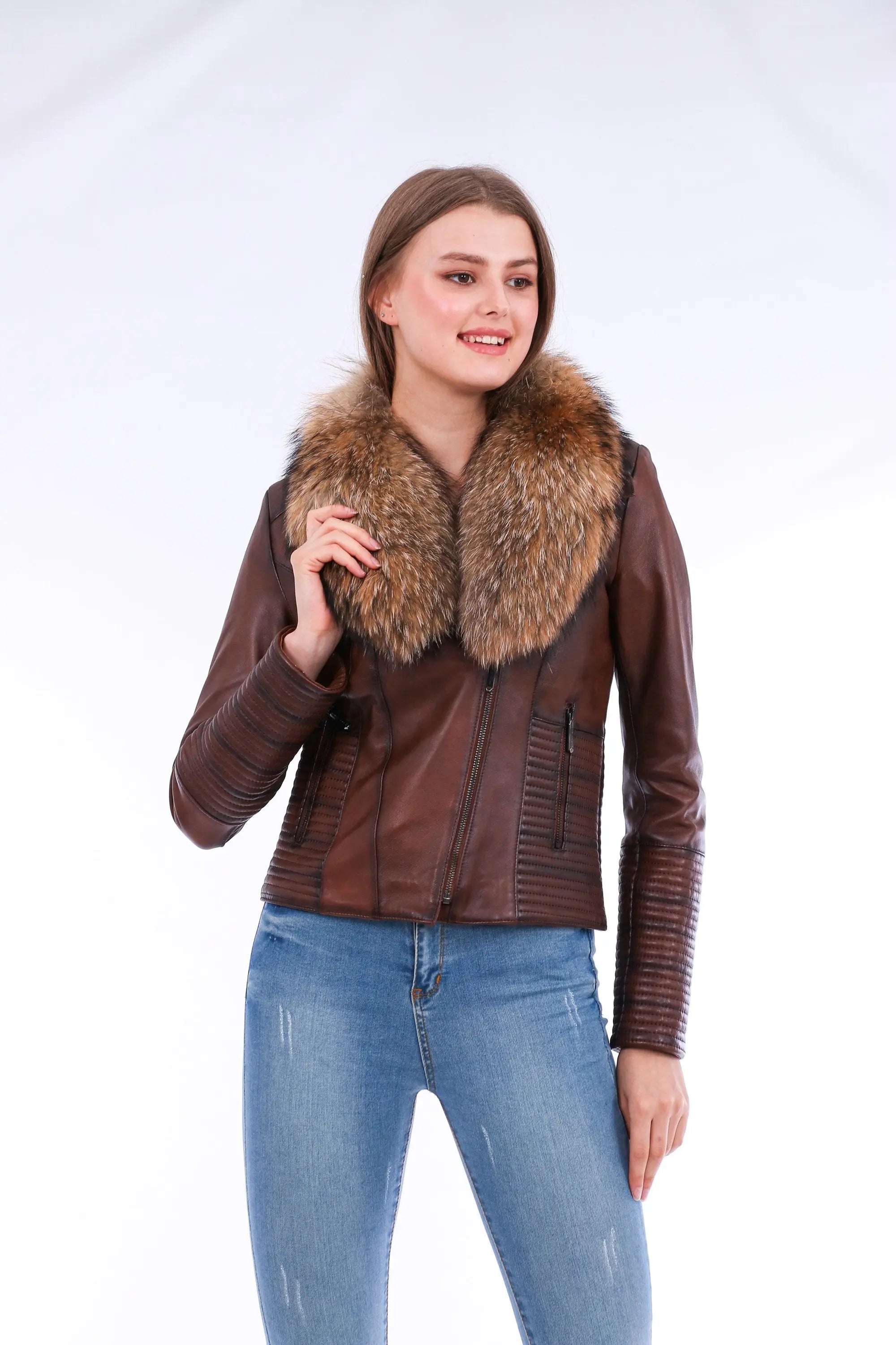 Ravenna Leather Biker Jacket - Brown - GLR SHOPPING