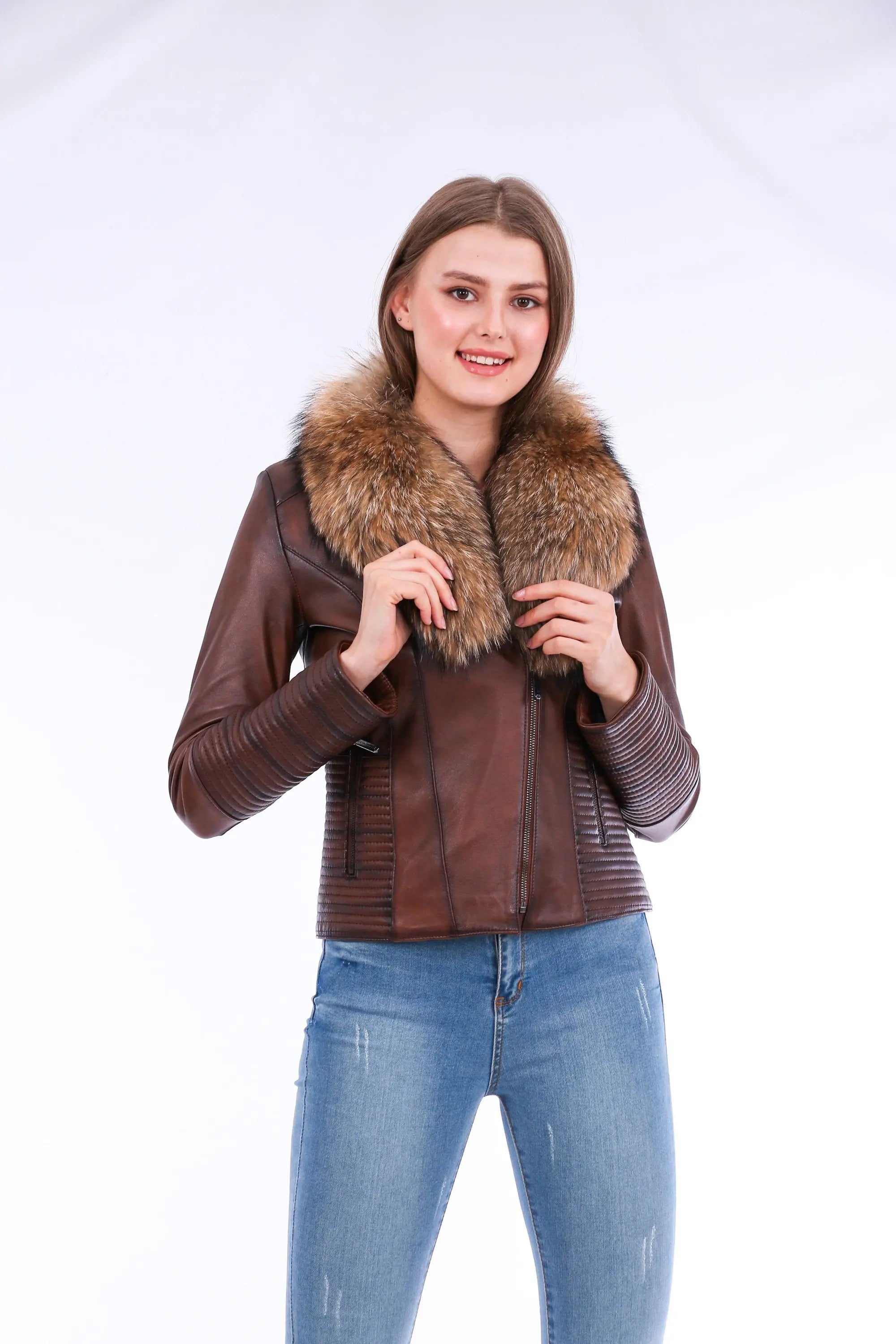 Ravenna Leather Biker Jacket - Brown - GLR SHOPPING