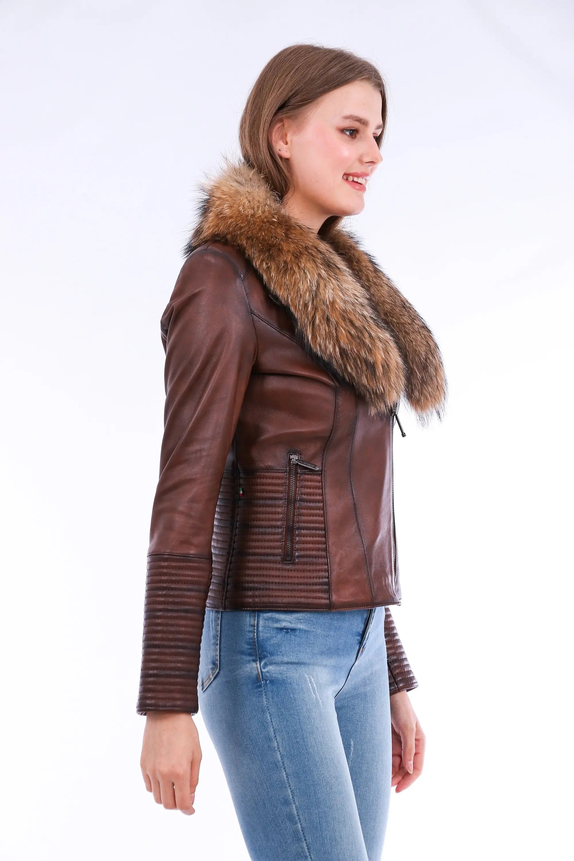 Ravenna Leather Biker Jacket - Brown - GLR SHOPPING
