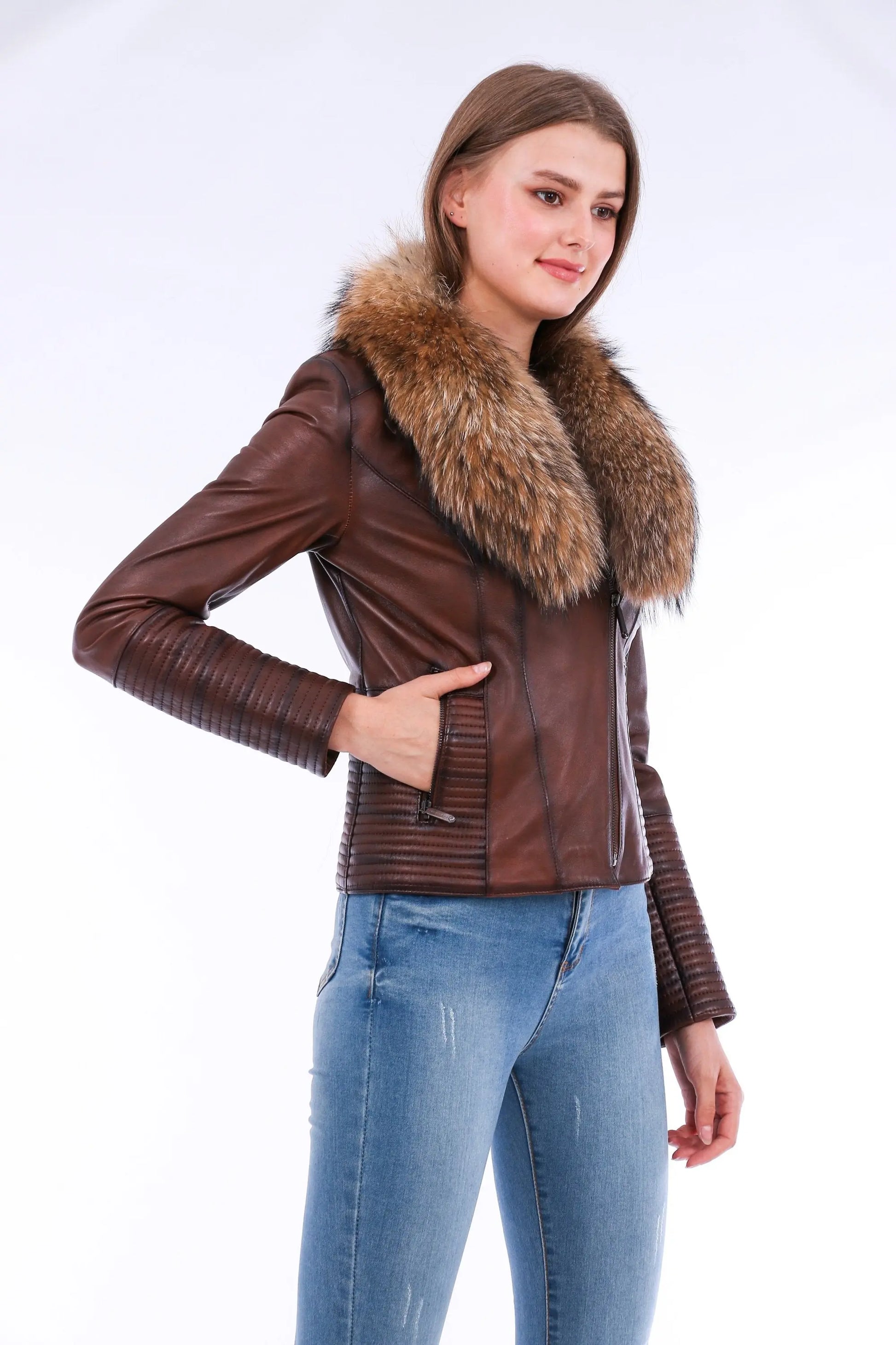 Ravenna Leather Biker Jacket - Brown - GLR SHOPPING