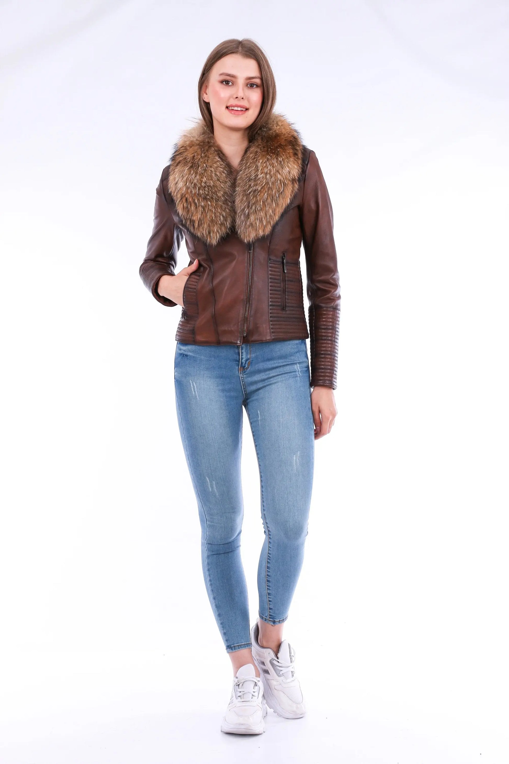 Ravenna Leather Biker Jacket - Brown - GLR SHOPPING