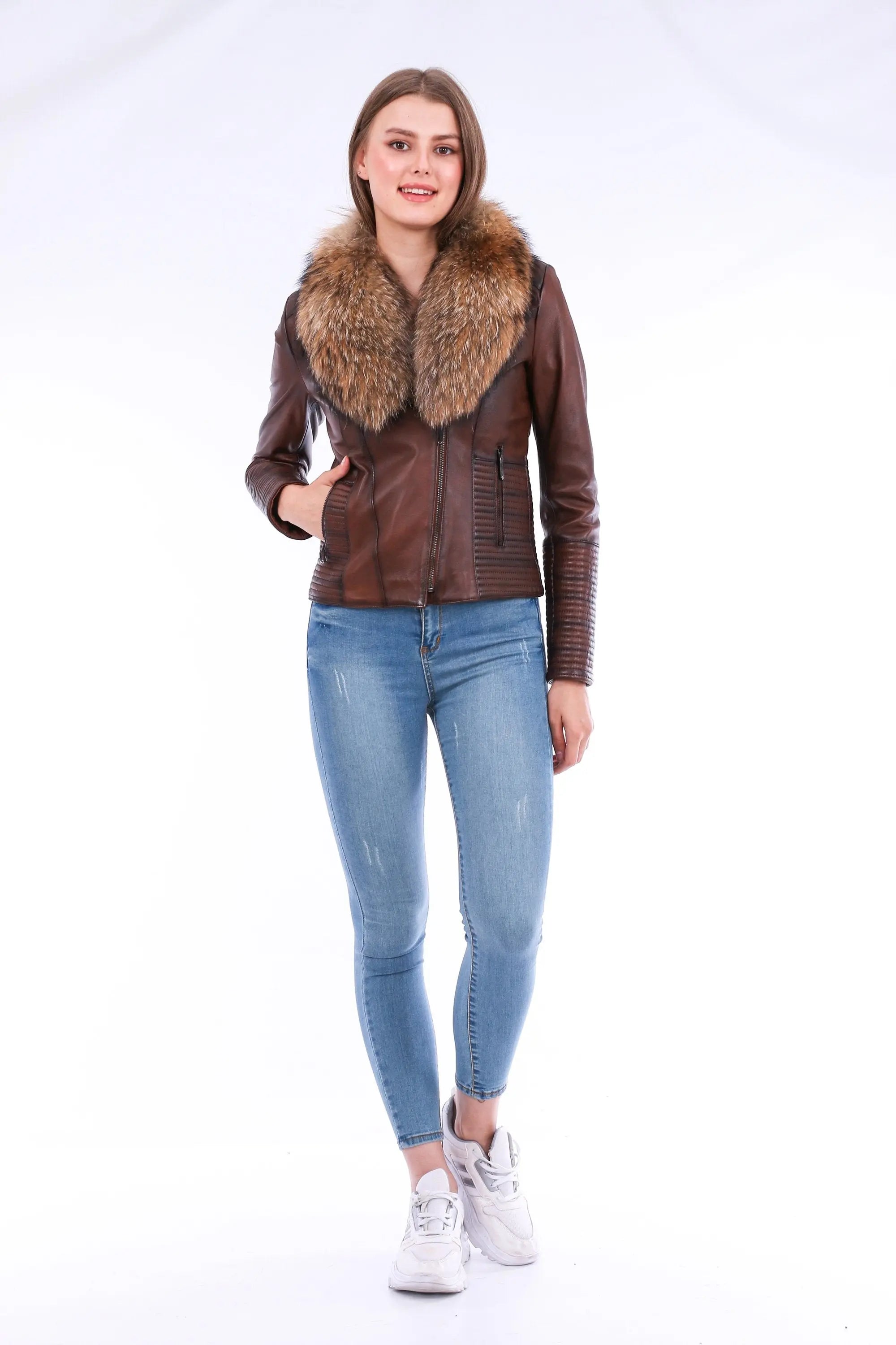 Ravenna Leather Biker Jacket - Brown - GLR SHOPPING