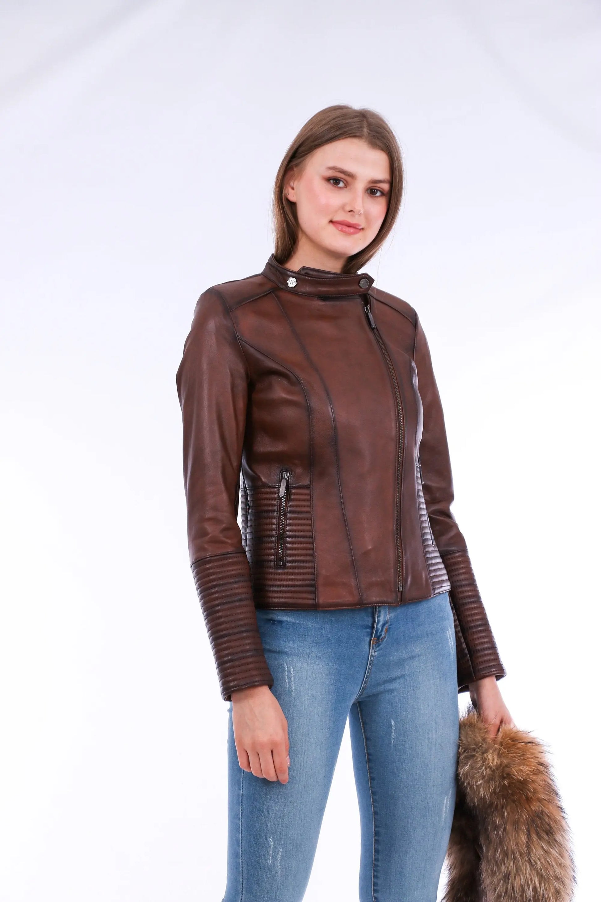 Ravenna Leather Biker Jacket - Brown - GLR SHOPPING