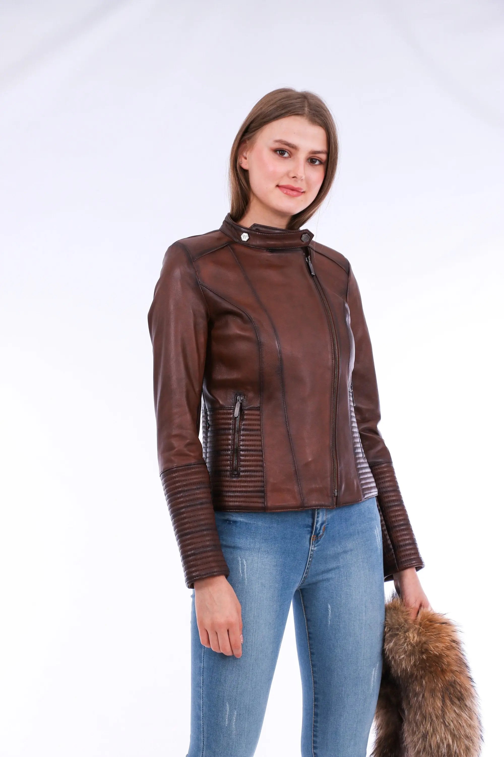 Ravenna Leather Biker Jacket - Brown - GLR SHOPPING