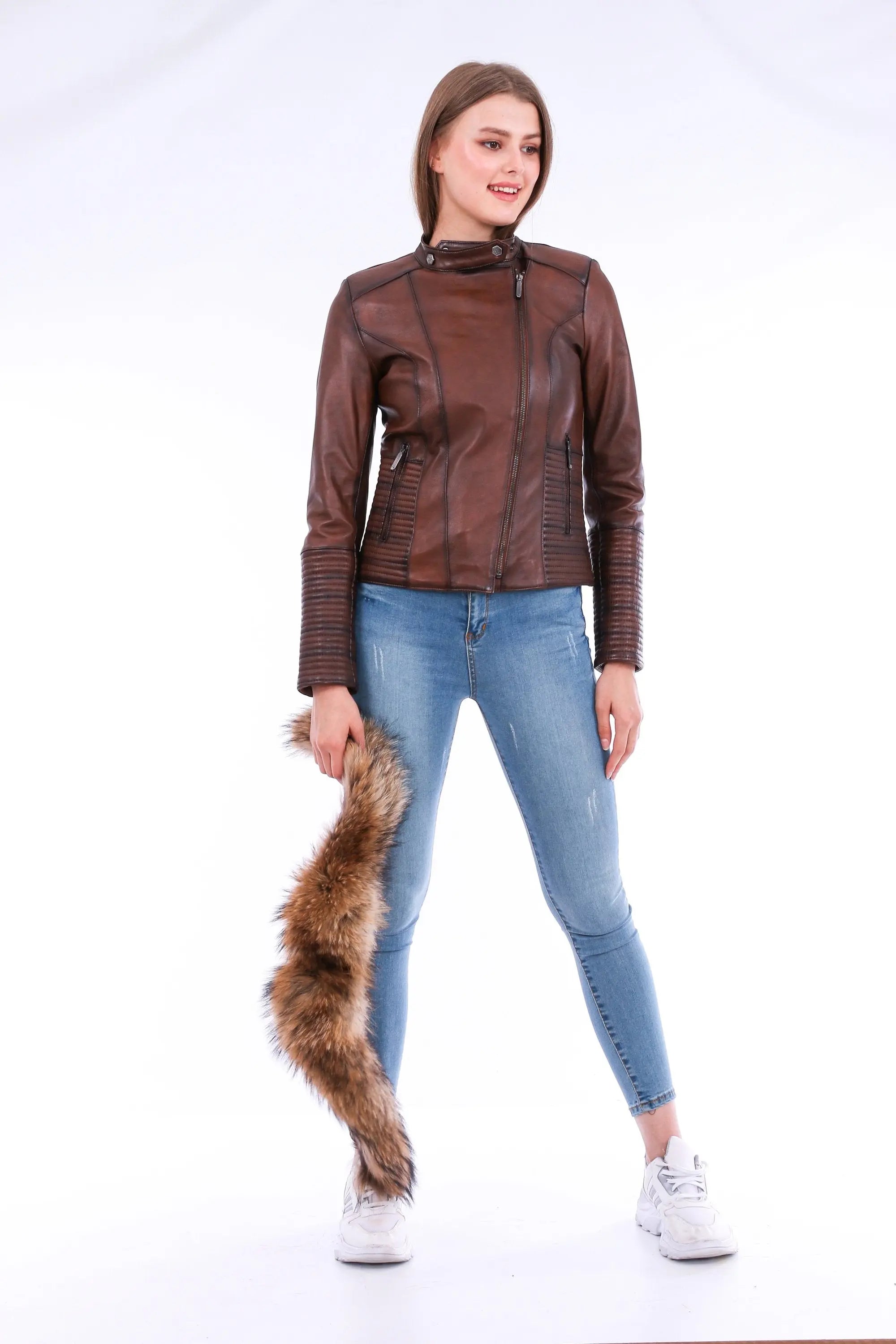 Ravenna Leather Biker Jacket - Brown - GLR SHOPPING