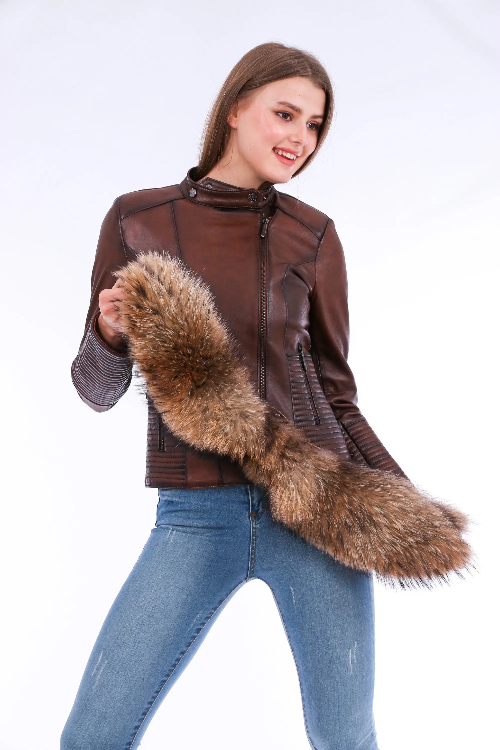 Ravenna Leather Biker Jacket - Brown - GLR SHOPPING