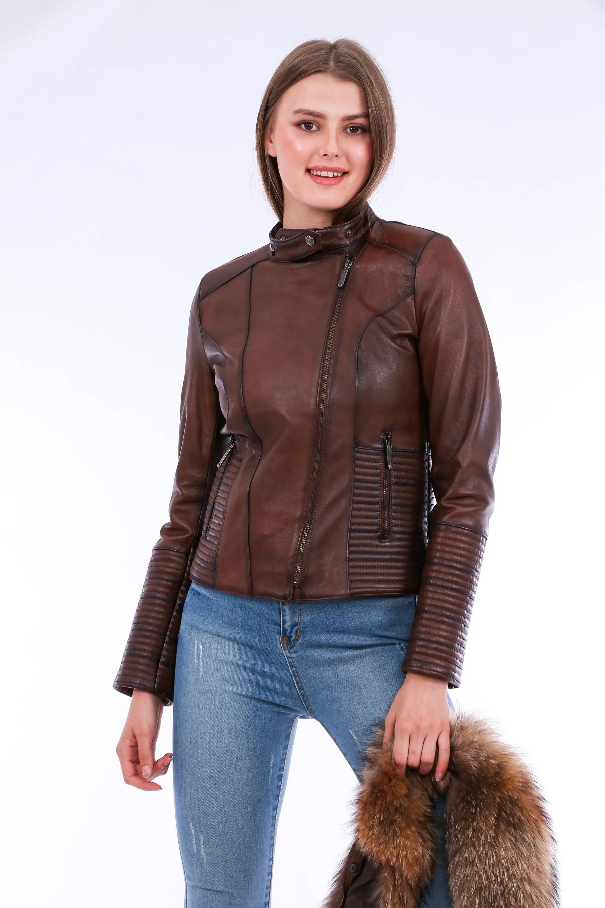 Ravenna Leather Biker Jacket - Brown - GLR SHOPPING