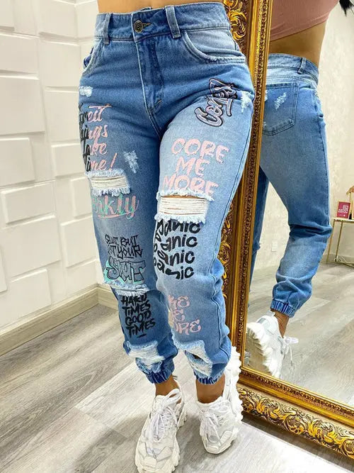 Letter Print Slant Pocket Ripped Jeans Women Casual Denim Pants - GLR SHOPPING