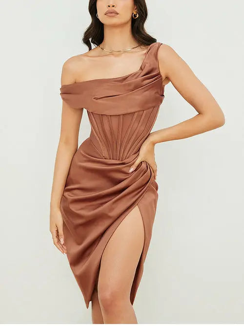 One Shoulder Satin Dress Mesh Hollow out Boned Side Split Bodycon - GLR SHOPPING