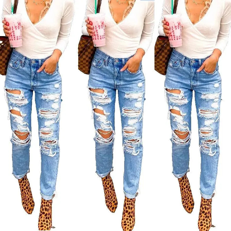 Women's High Waisted Skinny Destroyed Ripped Hole Denim Pants  - GLR SHOPPING
