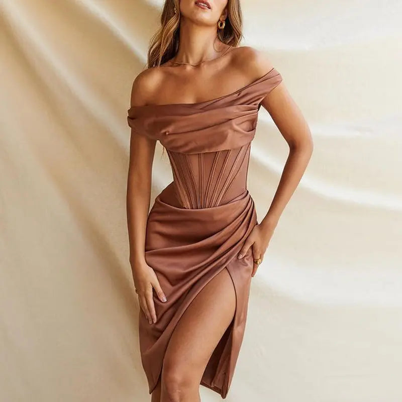 One Shoulder Satin Dress Mesh Hollow out Boned Side Split Bodycon - GLR SHOPPING