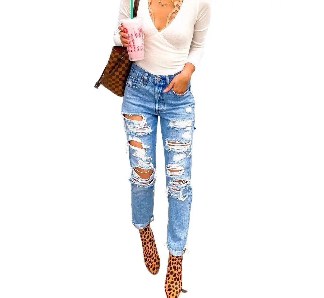 Women's High Waisted Skinny Destroyed Ripped Hole Denim Pants  - GLR SHOPPING
